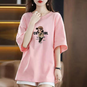 Trendy Womens Cotton Summer Loose Fit Long Short Sleeve T-Shirt Korean Style Versatile Casual Print round Neck Top