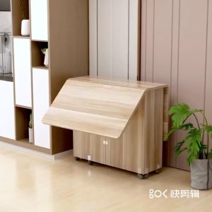 Folding table household small rectangular simple and easy to function with wheels moving dining table 6 people