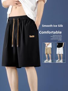 Summer Casual Ice Silk Five-Quarter Length Shorts Lightweight Loose Beachwear Mens Sporty Straight Leg Fashion Daily Wear