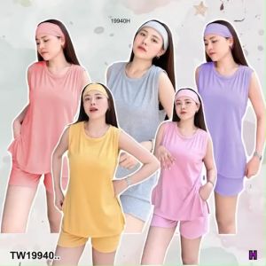 B19940  Set 3 ชิ้น เสื้อแขนกุด + กางเกงขาสั้น + ผ้าคาดผมสุดปั้ว ผ้าร่องเล็ก Set of 3 pieces: sleeveless shirt + shorts + super cute headband small sl