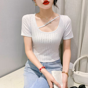 YIMEI Áo Cotton Nữ Cổ Vuông Đẹp Áo Ngắn Tay Mùa Hè Thiết Kế Cho Nữ Mùa Hè Áo Thun Màu Đen Hợp Thời Trang Mới Kim Cương Nổi Bật Áo Phông Ngắn Dáng Ôm 2023