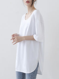 MOCHU | Slenderizing Comfortably Loose Summer T-Shirt White Short Sleeve Big Round Neckline Hip-Covering Curved Hem