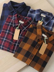 Fashionable Retro Pure Cotton Flannel Long Sleeve Plaid Shirt Jacket Couples Style Mens Top Youth Popular Standard Fit Autumn Wear