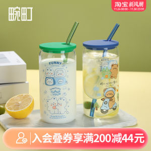 High Borosilicate Glass Straw Cup Bear Cartoon Design Student Water Cup Coffee Milk Juice Cup Durable Glass Drinkware