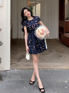 Elegant Short Sleeve round Neck Embroidered Butterfly Knot Dress High Waist Laser Hollow out Stitch Womens Fashion Autumn New