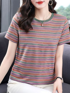 QIAOXIZI | Stylish Loose T-shirt with Belly Cover Stripes for Middle-aged Women