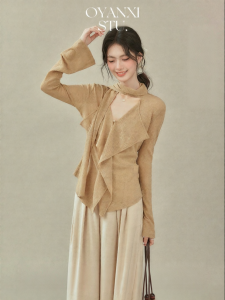 OUYANGXI | Áo thun cổ chữ V tay dài phong cách thư giãn có nơ