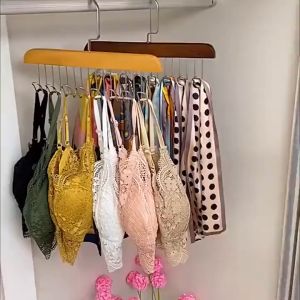 HIONE 8 Hooks Solid Wood Hanger Bra Hanger Rack Belts Tie Cap Non-Slip Holder Underwear Organizer Storage