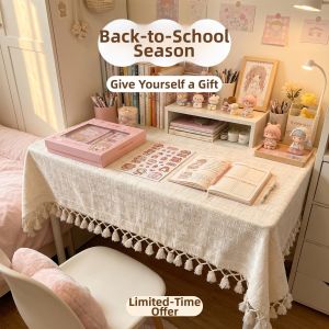 YINSHANG | Kids Girl Dorm Room Tassel Cotton Linen Tablecloth