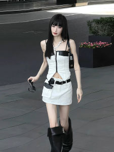 Color Block Strap Vest Cool Waist Cinched Tube Top Mini Skirt Stylish Set Summer Cotton Blend Fashionable Womens Ensemble