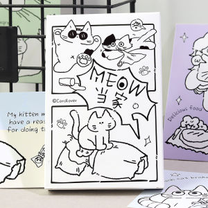 Creative Black White Line Art Cartoon Style Boxed Postcards 30 Pieces Meow Master Series Hand Drawn Illustration Decorative Cards Holiday Gifts