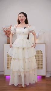 QC_Đầm nàng thơ váy mặc hè Tơ Nến dáng dài dập bông trễ vai có mút ngực corset kiểu tầng xòe