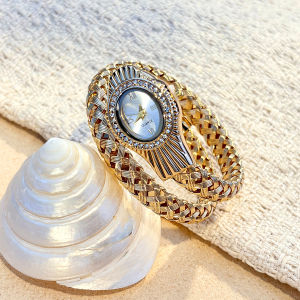Snake Head Embellished Womens Watch with Hollow-Out Woven Steel Bracelet & Sparkling Crystal Accents