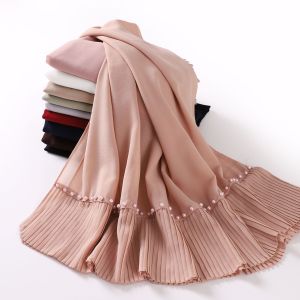 Jifang Plain Bubble Chiffon Double Pleated Pearls Patchwork Pashmina Shawl Head Scarf Muslim Hijabs Shawls WC01