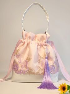 กระเป๋าสะพายข้างผ้าซาตินลายดอกไม้สไตล์ย้อนยุค ความจุขนาดใหญ่ กระเป๋าสะพายข้างแบบลำลอง ปิดด้วยเชือกผูก กระเป๋าสะพายข้างสำหรับผู้หญิง