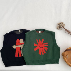 Cute Cartoon Knitted Cotton Vest for Kids Spring Autumn Casual Overhead Style Boys Girls Vests In-Middle Children Fashionable