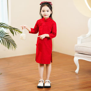 Girls Cheongsam Long Sleeve Birthday Dress Traditional Chinese Style Floral Print Spring Autumn Polyester Fabric Childrens Clothing