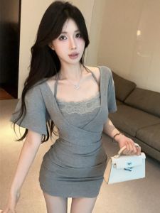 GUZILIAN | Korean Style Short Lace Dress Womens Fashion Summer Outfit Two-Piece Set Pure Desire Spicy Girl Neck Hanging Lace Splicing Waist Capping Skirt