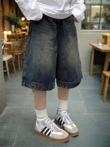 Retro American Washed Denim Shorts Women Summer Large Size Casual Straight Leg Wide Leg Vintage Five-Button High Waist Jeans