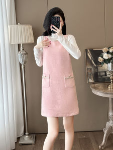 Pink Vest Dress Set Womens Spring Autumn New French Style Ageless A-Line Skirt Two-Piece Set Soft Polyester High Waist A-Line Dress