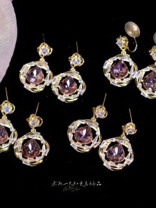 Elegant Vintage Purple Waterdrop Zircon Full Drill Earrings for Women Exquisite Fashion Jewelry Clip-On Earrings