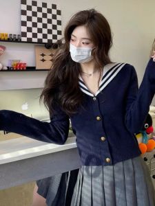 Blue Sailor Collar Knitting Cardigan Female 2023 Early Spring New Arrival Retro College Style Small Slim Fit Versatile Top