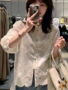 Japan and South Korea Export Export New Chinese Style Refined Handmade Lace Jacquard Chinese Knot Button Shirt Female Fashion Loose Temperament Youthful Undershirt