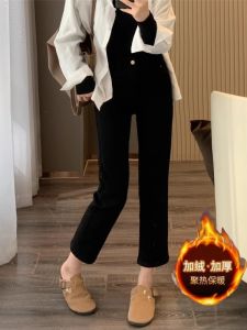 กางเกงยีนส์ทรงตรงเอวสูงบุขนแกะสีดำสำหรับผู้หญิง กางเกงขายาวทรงสลิมฟิตสำหรับผู้หญิง ฤดูใบไม้ร่วง/ฤดูหนาว กางเกงยีนส์ทรงตรง