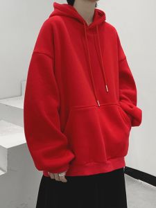 เสื้อฮู้ดผู้ชายสีแดงเข้มสไตล์ย้อนยุคแบบหนา 500 กรัม ทรงหลวม ฤดูใบไม้ร่วง/ฤดูหนาว เสื้อฮู้ดคู่รัก ทรงหลวม ปกติ