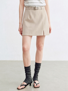 Basic House | Light Khaki Tencel A-Line Embroidered High Waist Hiding Hip Skirt