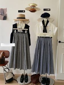 High Waist Plaid Midi Skirt Womens Spring Summer Autumn Gingham A-Line Skirt Vintage Style Cover Hip Elegant Umbrella Skirt