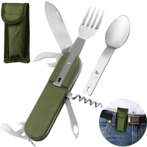 7 in 1 Multifunctional Outdoor Tableware Stainless Steel Foldable Fork Spoon Knife Picnic Camping Hiking Travelling Dinnerware