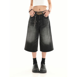 กางเกงยีนส์ขากว้าง7ส่วนสำหรับผู้หญิงกางเกงขาตรงสีซีดทำให้ดูเก่าแนววินเทจสำหรับฤดูร้อนกางเกงสั้นแนวไฮสตรีทแบรนด์ฮิต INS สไตล์อเมริกัน