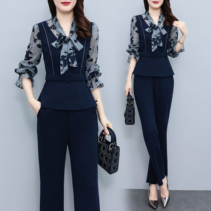 Impression Fashion Women Elegant Business Joint Floral V neck Long Sleeve Blouse with High Waist Wide leg Pants Plus Size 2 Pcs Suit Lazada