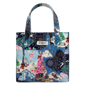 Cath Kidston S Bookbag Small Size Open Top Handled Handbag Lunch Bag Water Resistant Oilcloth Tote Christmas in London Pattern Navy Color
