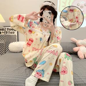 ชุดบริการบ้านสไตล์หวานสําหรับหญิงตั้งครรภ์ชุดนอนผ้าไหมนมแขนยาวน้ําหนักเบาลายหมูน่ารัก