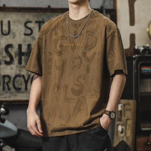 American Short Sleeve T-Shirt Mens Summer New Arrival Pure Cotton Letters over Print Half Sleeve Fashion Brand Retro Loose plus Size T-shirt