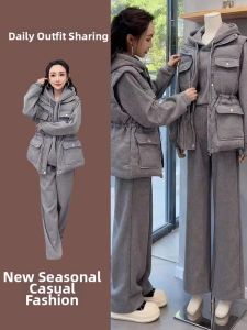 NUANPING | Autumn Winter New Fashion Three-Piece Set Womens Hooded Jacket Vest Trouser