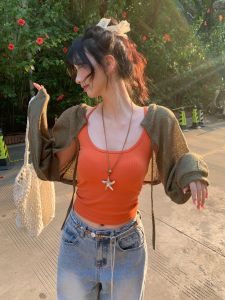 VKSOD | Spicy Girl Backless Short U-neck Strap Vest Womens Long Sleeve Sun Protection Knitted Top Two-piece Set Round Neck Long Pants