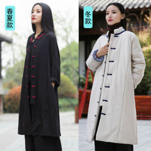 Womens Cotton Padded Jacket Chinese Style Linen Long Coat Spring Summer Autumn Vintage Zen Style Stand Collar Single Button Closure