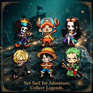 Bandai | 6pcs ONE PIECE Anime Cartoon Character Brooches Set Q Version Monkey D Luffy Roronoa Zoro Sanji Brook Gift for Friends Cute