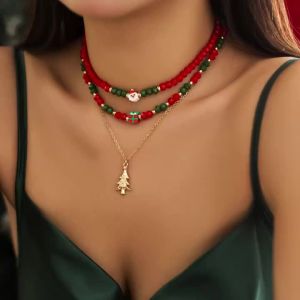 KunJoe Vintage Red Green Crystal Bead Chain Choker Necklace for Women Cute Christmas Tree Snowman Pendant Necklace Jewelry Gifts