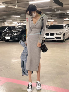Special Offer! Silm Slim Looking Mid Length Long Length Sheath Dress Womens Split Hooded Sweatshirt T-shirt below the Knee Long Dress