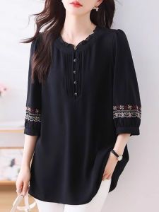WANGGONGZHU | Summer Plus Size Womens Short Sleeve Embroidered Loose Slimming Chiffon Shirt Princess Style Commute Vintage Floral Collar