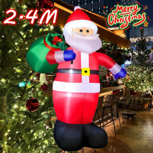 2.4M Christmas Inflatable Blue Gloves Santa Claus Carrying Gift Bag with LED Outdoor Ornament Gift Party New Year Indoor Decor