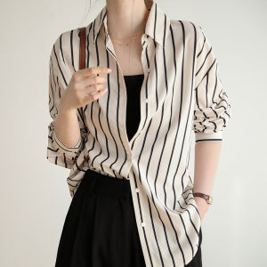 Loose Long Sleeve Womens Shirt Spring 2025 Hong Kong Style Striped Casual Fashion Commute Korean Version Button Detail