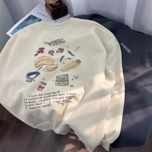 เสื้อฮู้ดคอกลมพิมพ์ลายสไตล์ย้อนยุคอเมริกันสำหรับผู้หญิง แขนยาวหลวมๆ สบายๆ ฤดูใบไม้ผลิและฤดูใบไม้ร่วง เสื้อผ้าทำงานสไตล์เกาหลี