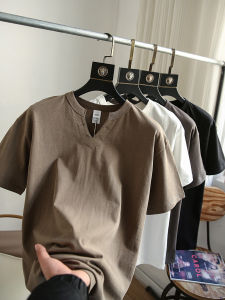 Summer New V-Neck Design Heavyweight Pure Cotton Mens American Retro Casual Versatile Solid Color Short Sleeve T-Shirt Trendy