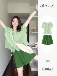 Bộ đồ phù hợp Dambai mùa hè: Bộ đồ hai mảnh áo sơ mi tay bong bóng màu trắng xanh lá cây đẹp cho phụ nữ nhỏ bé