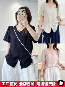 เสื้อเชิ้ตแขนสั้นผ้าลินินสำหรับผู้หญิงในช่วงฤดูร้อน เสื้อเชิ้ตแขนสั้นทรงหลวมๆ สไตล์เกาหลี คอกลม ปกติ